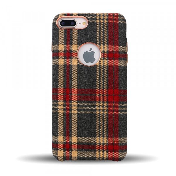 Wholesale iPhone 8 Plus / 7 Plus Checkered Plaid Fabric Armor PU Leather Case (Orange)